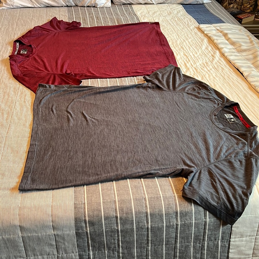2 Large Reebok X-Train  performance T-Shirts. One gray one burgundy in color.